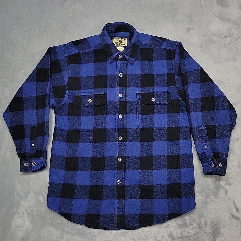Vintage Field Stream Shirt Mens M Blue Buffalo Plaid Flannel Lumberjack Casual